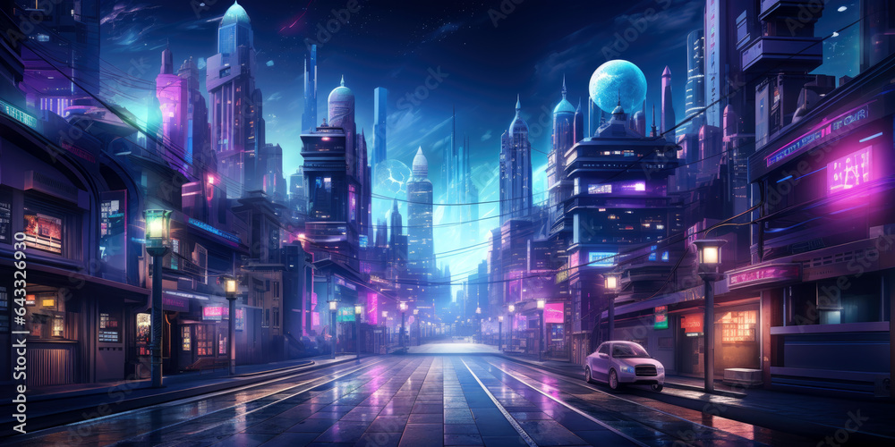 Cyberpunk city view at night, street with futuristic neon buildings