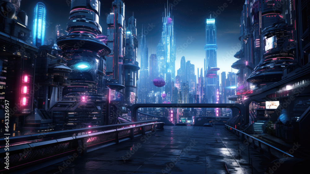 Cyberpunk city view at night, futuristic design of tall buildings