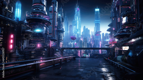 Cyberpunk city view at night, futuristic design of tall buildings