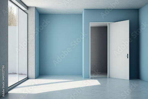 The empty room has light blue walls  concrete floors  and large windows with a doorway. fake wall. Generative AI