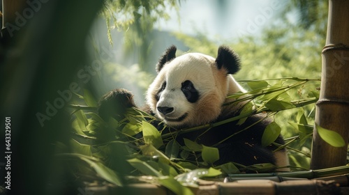 a cute chinese giant panda eating bamboo plant in a zoo forest. blurry nature background. Generative AI