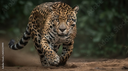 Jaguar running in the jungle. © John Martin