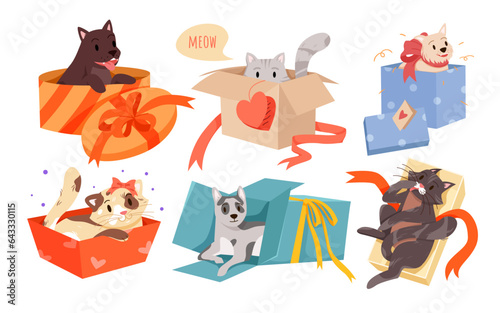 Happy cats and dogs in gift boxes set vector illustration. Cartoon isolated adorable pets playing, sitting and hiding in present cardboard boxes with ribbons and bow, funny fluffy animals to adopt