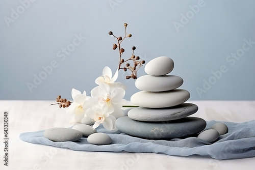 Spa stones and white flowers on table.