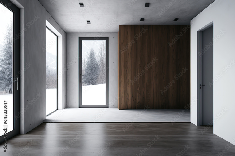 Fototapeta premium Empty room with dark wooden floor and concrete walls. large window Remodeling and design idea. mockup. Generative AI
