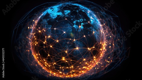 A globe wrapped in a web of interconnected lines, depicting the global reach of the internet and its role in connecting people worldwide
