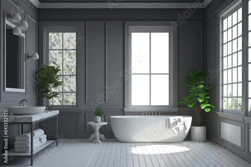 Gray walls  wooden floor  white bathtub  and large window in modern bathroom. mockup. Generative AI
