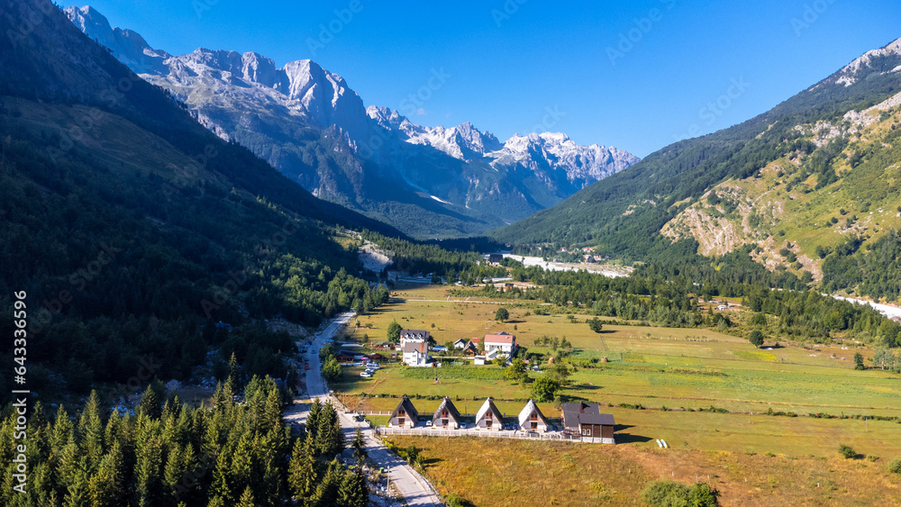 Aerial view of Valbona valley, Theth national park, Albanian Alps, Albania.
