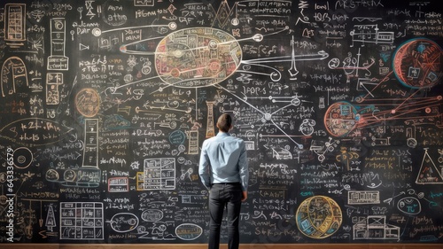 A person standing at a chalkboard covered in equations and diagrams, depicting the process of formulating and explaining theoretical frameworks