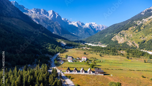 Aerial view of Valbona valley, Theth national park, Albanian Alps, Albania.