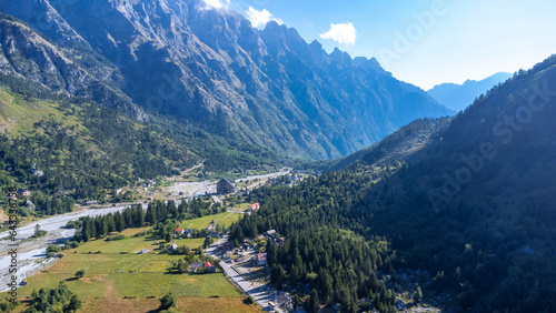 Aerial view of Valbona valley and dry river in summer, Theth national park, Albanian Alps, Albania.