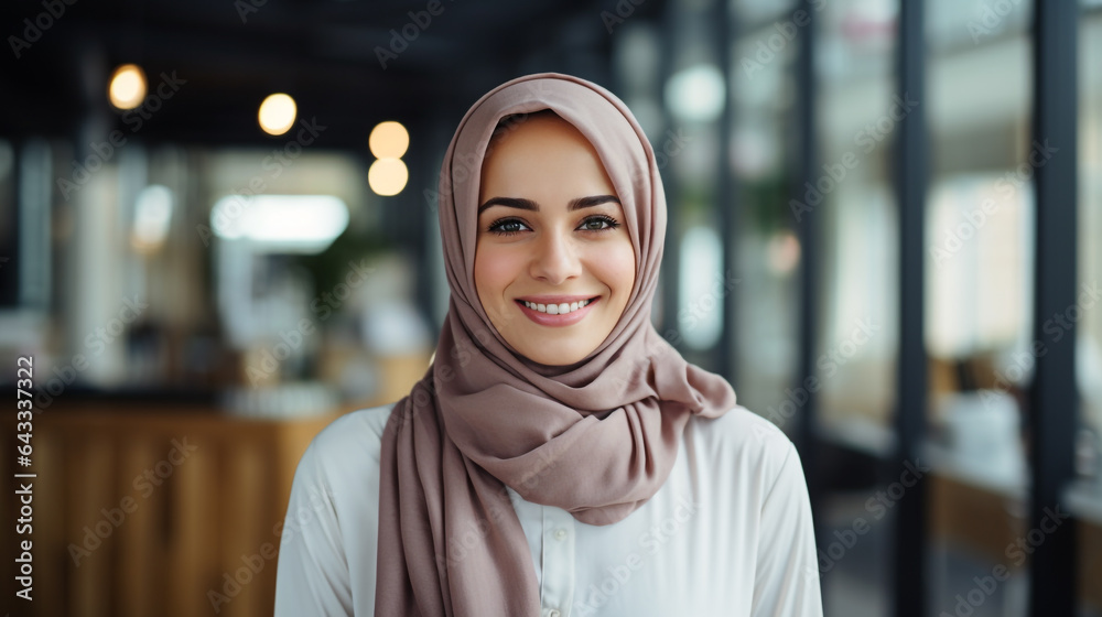 A Muslim Woman wearing a headscarf at work, smiling
