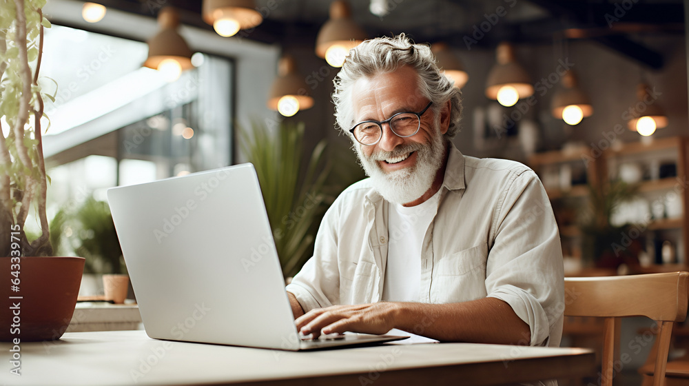 Senior man with gray hair and a beard works at a laptop computer in a cafe at the table. An active pensioner uses a computer. Senior man with gray hair and a beard works at a laptop computer in a cafe at the table. An active pensioner uses a computer.