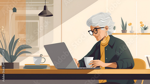 Illustration old grandmother is working on a laptop computer in a cafe at the table. Senior adult woman in glasses uses a laptop in a cafe.