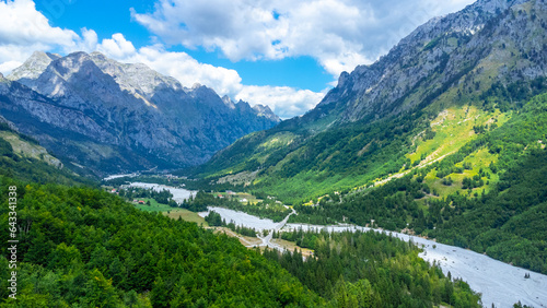 Panoramic aerial drone view of Valbona valley, Theth national park, Albanian Alps, Albania.