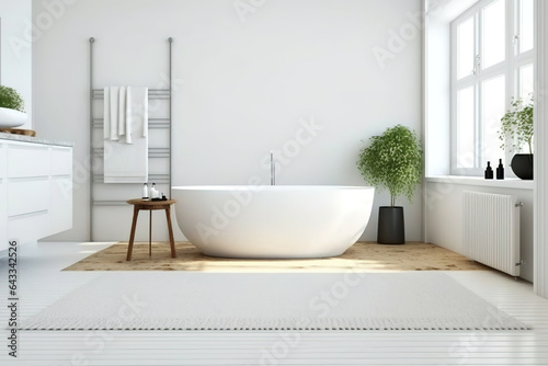 Panoramic minimalistic white wall bathroom with wooden floor and white bathtub. Floor rug. Mock wall. Generative AI