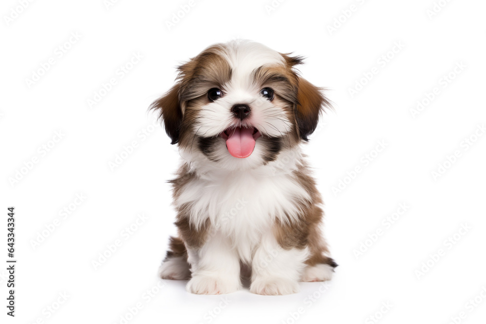 a happy long hair Shih Tzu puppy dog in front of a white background. 