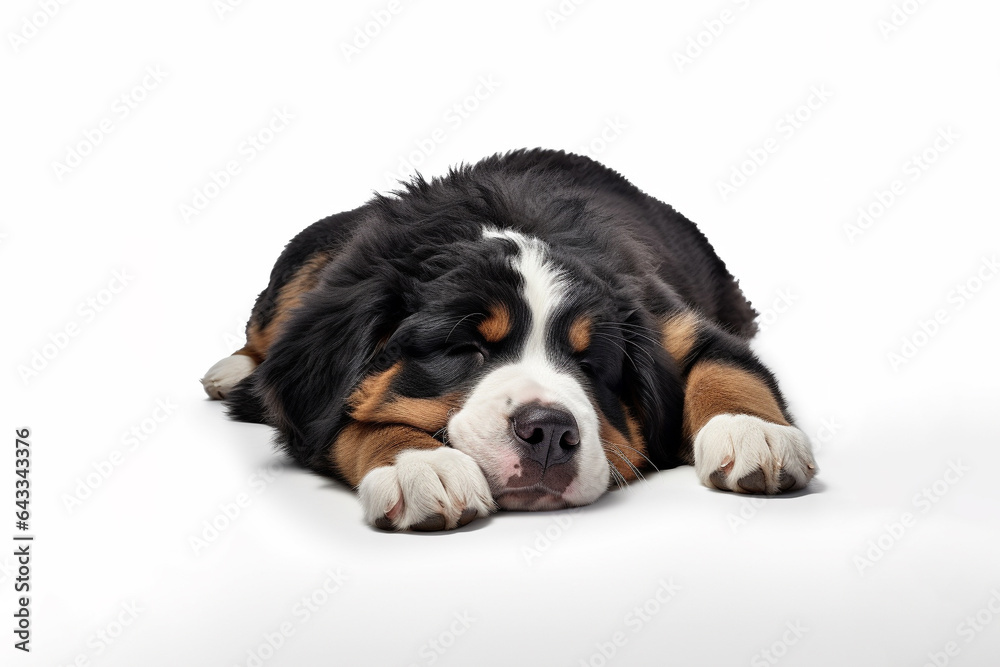 a long hair puppy Adorable Bernese Mountain dog sleepy isolated on white background. a long hair puppy Adorable Bernese Mountain dog sleepy isolated on white background.