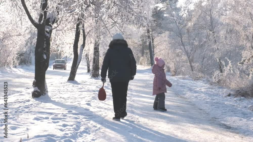 Grandmother with granddaughter walking in snow on nice winter day. Happy winter day