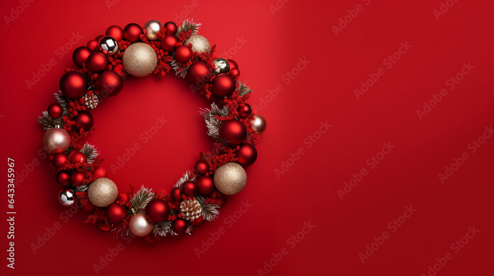 Christmas wreath with red and gold decorations on red background, Top view with copy space. Christmas wreath with red and gold decorations on red background, Top view with copy space.
