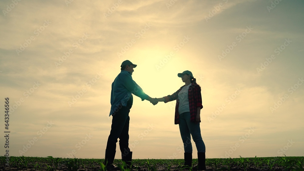 Businessmen shaking hands sunset outdoor, silhouette man woman. Handshake signing contract. Concept teamwork business. Business owners conclude contract on nature. Cooperation, partnership in business