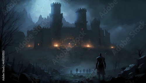 A castle at night  covered in mist  Generative AI