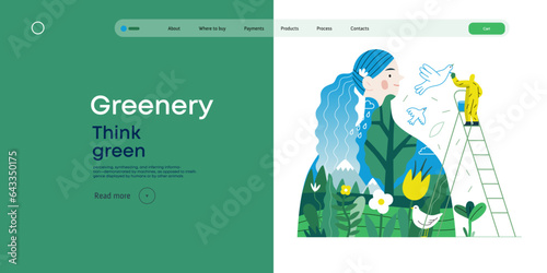 Greenery, ecology -modern flat vector concept illustration of a man painting a mural of a woman, composed with landscape. Metaphor of environmental sustainability and protection, closeness to nature