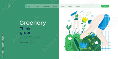 Greenery, ecology -modern flat vector concept illustration of people around the swimming pool of plants and flowers. Metaphor of environmental sustainability and protection, closeness to nature