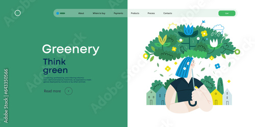 Greenery, ecology -modern flat vector concept illustration of a woman under the green lush umbrella of plants and flowers. Metaphor of environmental sustainability and protection, closeness to nature