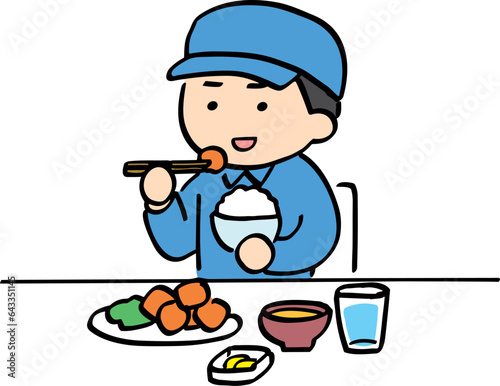 ご飯を食べている作業服の男性