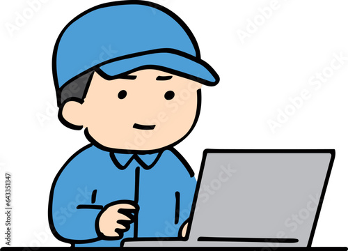 パソコンを使う作業服の男性