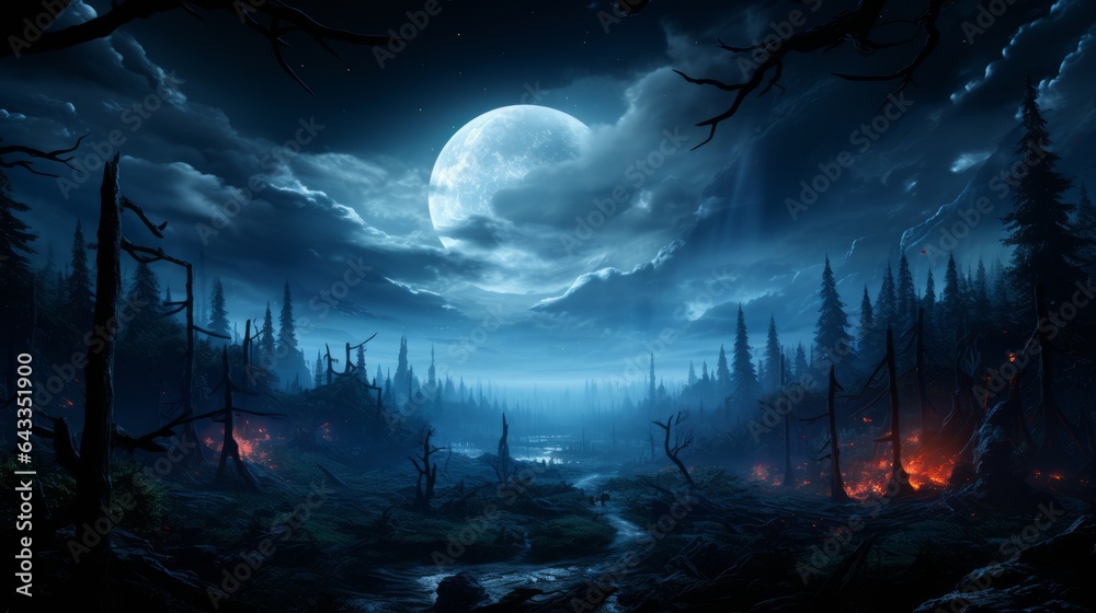 A fantastical blue night landscape with huge moon. Generative AI. 