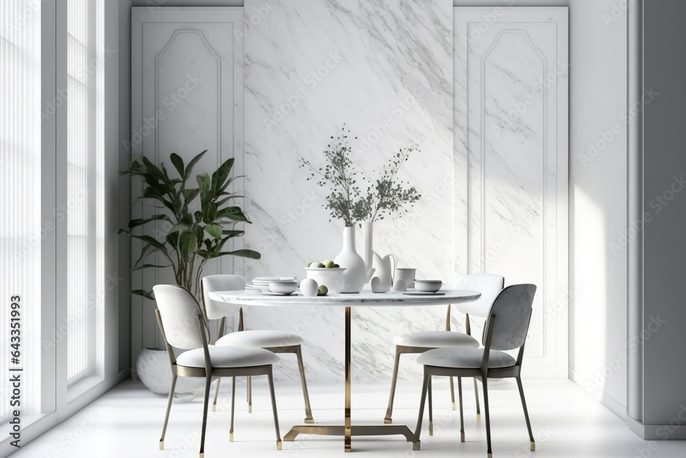 Realistic close-up of a void on a white modern marble dining table with traditional chinese wooden chairs, a luxurious wall decoration background, and decor house plants early morning sun, Display