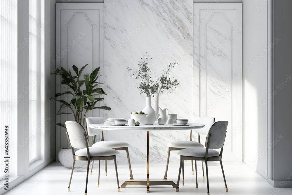Fototapeta premium Realistic close-up of a void on a white modern marble dining table with traditional chinese wooden chairs, a luxurious wall decoration background, and decor house plants early morning sun, Display