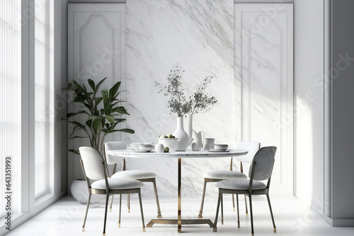 Realistic close-up of a void on a white modern marble dining table with traditional chinese wooden chairs, a luxurious wall decoration background, and decor house plants early morning sun, Display