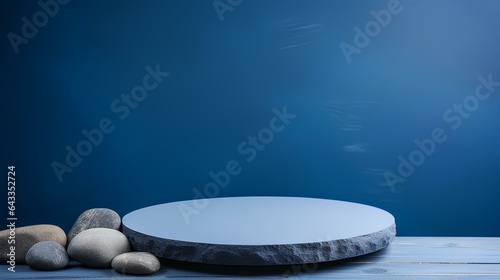 A beautiful blue background for presentations with a podium and masonry round stones in a soothing color. generative AI