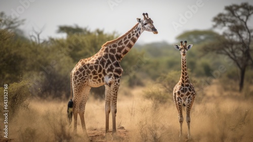 Two Giraffes in the savannah. Background with a Copy Space. Space for text.