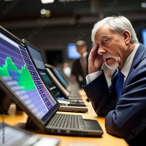Stockbroker frustrated watching price movements on stock market chart computer screens