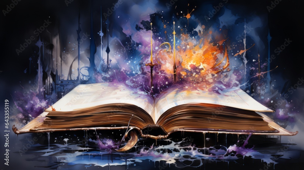 Naklejka premium A fantasy book open bursting with magic and knowledge. Generative AI.