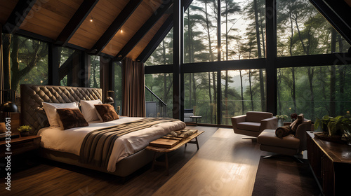 The interior of the eco hotel with a view of the forest creates a serene and relaxing atmosphere surrounded by natural beauty