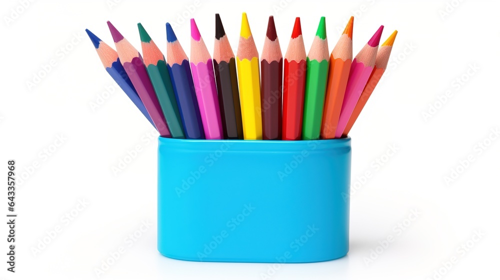 color pencils in a cup on white background color pencils in a cup on white background