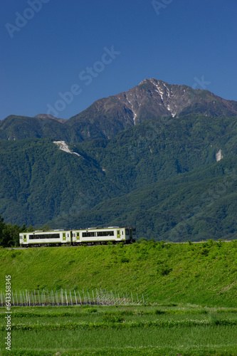 快晴の朝・甲斐駒ヶ岳を背景に大曲りをゆく小海線キハ110系