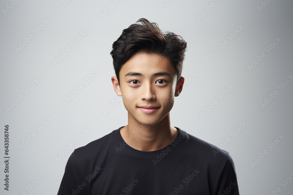 Obraz premium Portrait of a smiling young Asian man wearing a t-shirt with looking at the camera in confidently while standing alone in a grey wall background.