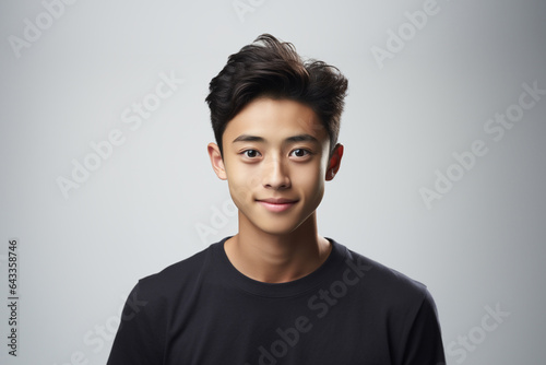 Portrait of a smiling young Asian man wearing a t-shirt with looking at the camera in confidently while standing alone in a grey wall background.
