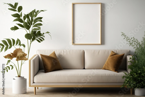 Canvas frame mockup with a brown sofa and plant in a tidy, minimalistic space. Generative AI
