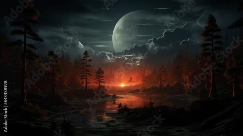 A fantasy landscape with huge orange moon. Generative AI.  © Elle Arden 