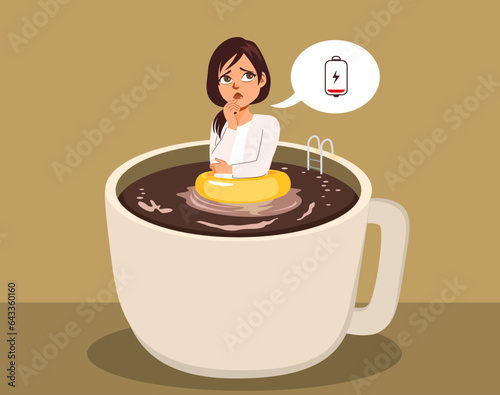 Vector illustration of tired businesswoman wearing a life buoy floating in coffee cup. Sleepy woman feeling low energy battery