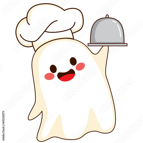 Vector illustration of cute white ghost wearing chef hat and silver tray. Cartoon mascot for restaurant and food events
