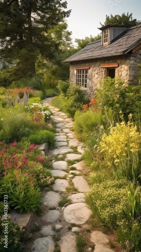 Serene Stroll: A Rustic Garden Pathway. Generative AI 6