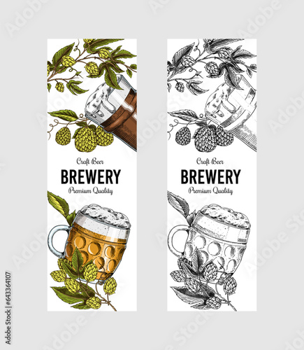 Hop cones and Barley. Malt Beer for poster or banner. Engraved vintage. Hand drawn Sketch for web or pub menu. Design elements isolated on white background.
